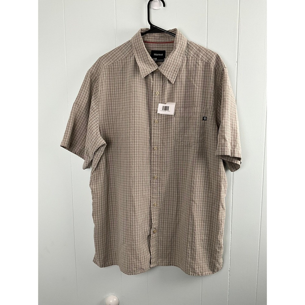 Marmot Mens XL Plaid Short Sleeve Button Down Shirt Tan Brown Hiking Outdoor
